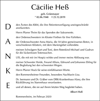 Traueranzeige von Cäcilie Heß von vrm-trauer