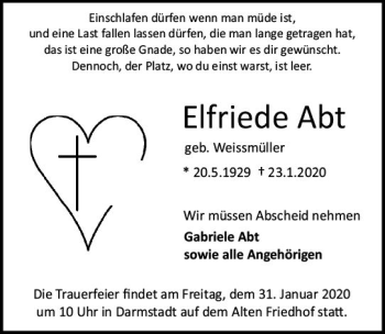 Traueranzeige von Elfriede Abt von vrm-trauer
