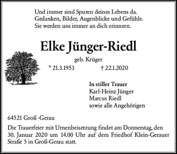 Traueranzeige von Elke Jünger-Riedl von vrm-trauer