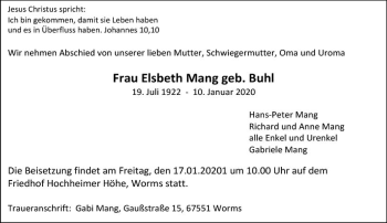 Traueranzeige von Elsbeth Höhe Worms Mang von vrm-trauer