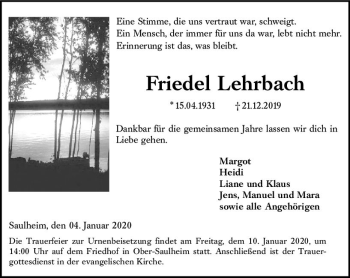 Traueranzeige von Friedel Lehrbach von vrm-trauer