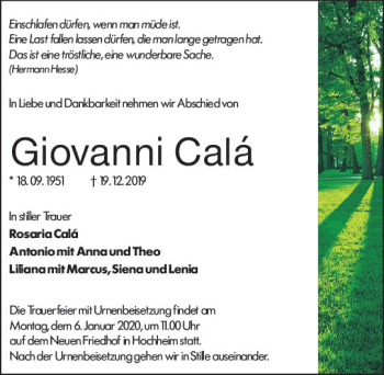 Traueranzeige von Giovanni Cala von vrm-trauer