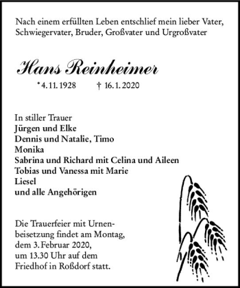 Traueranzeige von Hans Reinheimer von vrm-trauer