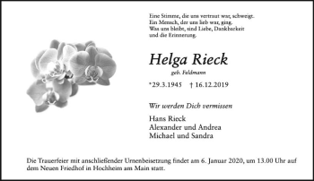 Traueranzeige von Helga Rieck von vrm-trauer