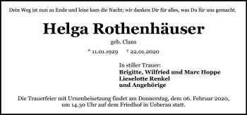 Traueranzeige von Helga Rothenhäuser von vrm-trauer
