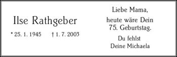 Traueranzeige von Ilse Rathgeber von vrm-trauer