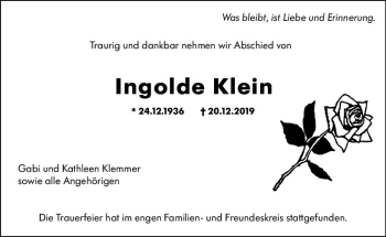 Traueranzeige von Ingolde Klein von vrm-trauer