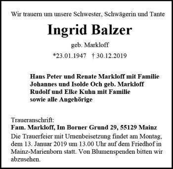 Traueranzeige von Ingrid Balzer von vrm-trauer