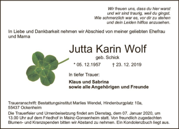 Traueranzeige von Jutta Karin Wolf von vrm-trauer