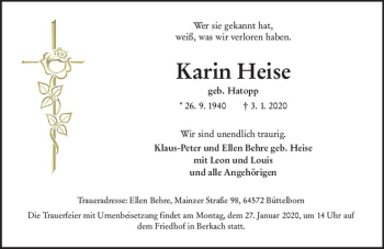 Traueranzeige von Karin Heise von vrm-trauer