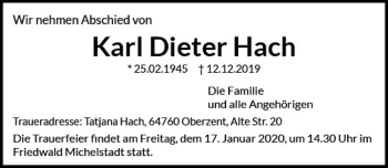 Traueranzeige von Karl Dieter Hach von vrm-trauer