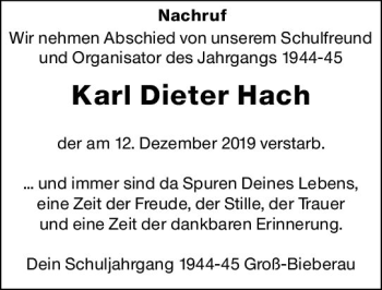 Traueranzeige von Karl Dieter Hach von vrm-trauer