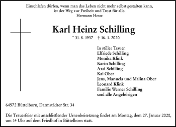 Traueranzeige von Karl Heinz Schilling von vrm-trauer