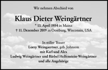 Traueranzeige von Klaus Dieter Weingärtner von vrm-trauer