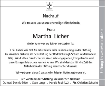 Traueranzeige von Martha Eicher von vrm-trauer
