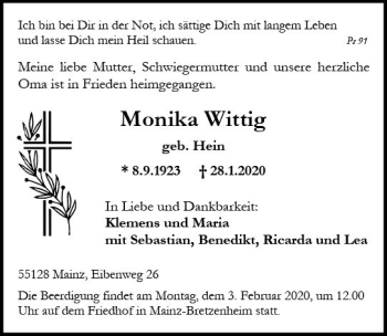Traueranzeige von Monika Wittig von vrm-trauer