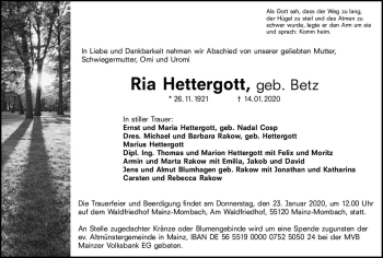 Traueranzeige von Ria Hettergott von vrm-trauer