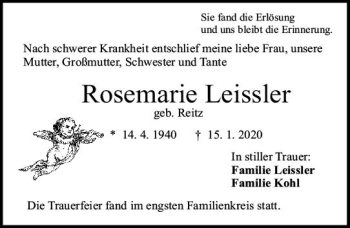 Traueranzeige von Rosemarie Leissler von vrm-trauer