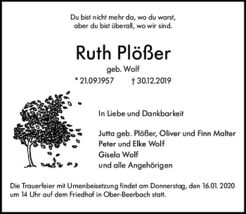 Traueranzeige von Ruth Plößer von vrm-trauer