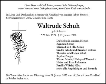 Traueranzeige von Waltrude Schuh von vrm-trauer