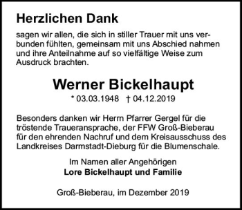 Traueranzeige von Werner Bickelhaupt von vrm-trauer