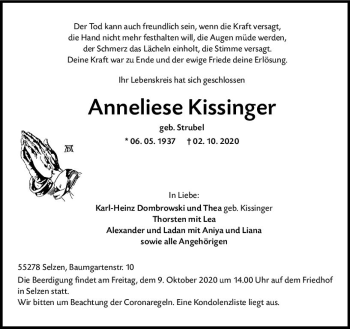 Traueranzeige von Anneliese Kissinger von vrm-trauer