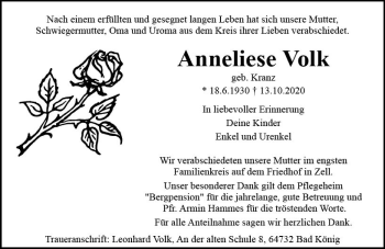 Traueranzeige von Anneliese Volk von vrm-trauer