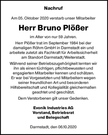 Traueranzeige von Bruno Plößer von vrm-trauer