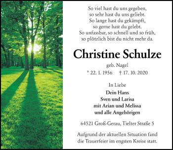 Traueranzeige von Christine Schulze von vrm-trauer