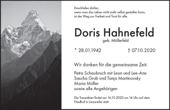 Traueranzeige von Doris Hahnefeld von vrm-trauer