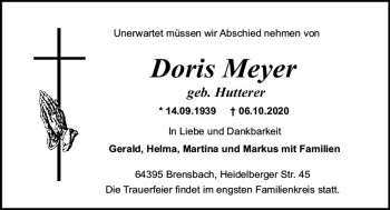Traueranzeige von Doris Meyer von vrm-trauer