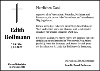 Traueranzeige von Edith Bollmann von vrm-trauer