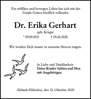 Traueranzeige von Erika Gerhart von vrm-trauer