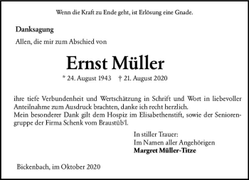 Traueranzeige von Ernst Müller von vrm-trauer