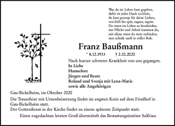 Traueranzeige von Franz Baußmann von vrm-trauer