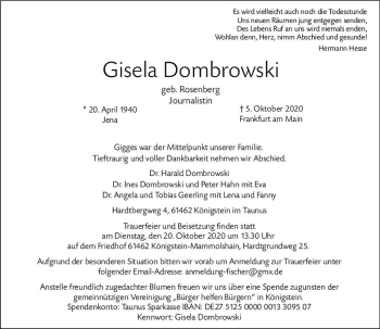 Traueranzeige von Gisela Dombrowski von vrm-trauer