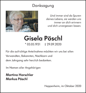 Traueranzeige von Gisela Pöschl von vrm-trauer