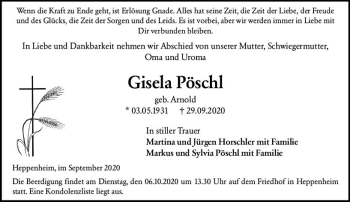 Traueranzeige von Gisela Pöschl von vrm-trauer