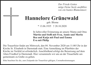 Traueranzeige von Hannelore Grünewald von vrm-trauer
