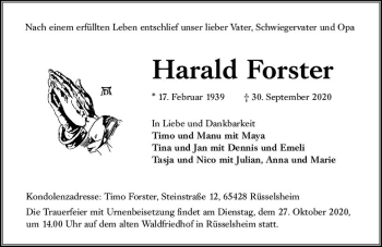 Traueranzeige von Harald Forster von vrm-trauer