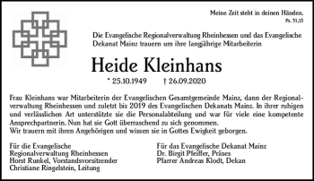 Traueranzeige von Heide Kleinhans von vrm-trauer