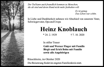 Traueranzeige von Heinz Knoblauch von vrm-trauer