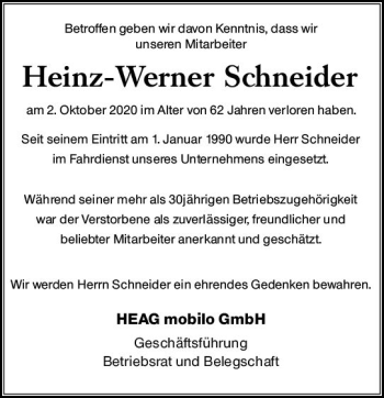 Traueranzeige von Heinz-Werner Schneider von vrm-trauer