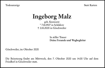 Traueranzeige von Ingeborg Malz von vrm-trauer
