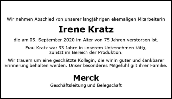 Traueranzeige von Irene Kratz von vrm-trauer