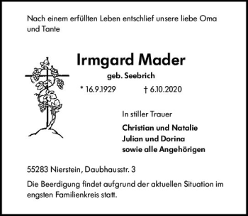 Traueranzeige von Irmgard Mader von vrm-trauer