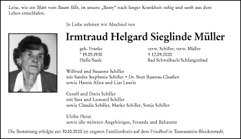 Traueranzeige von Irmtraud Helgard Sieglinde Müller von vrm-trauer