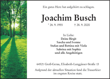 Traueranzeige von Joachim Busch von vrm-trauer
