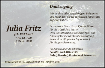 Traueranzeige von Julia Fritz von vrm-trauer
