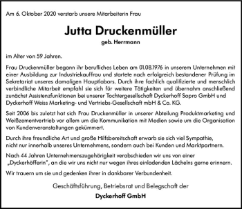 Traueranzeige von Jutta Druckenmüller von vrm-trauer